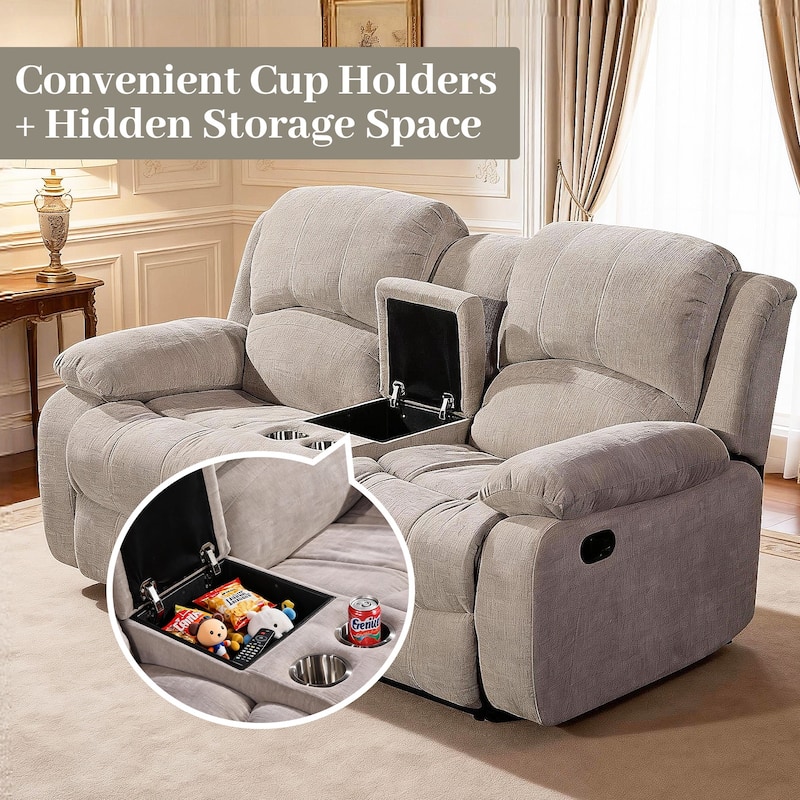 3PC Soft Microfiber Manual Reclining Sofa Set, Drop Down Table, Cupholder Console, Living Room Set