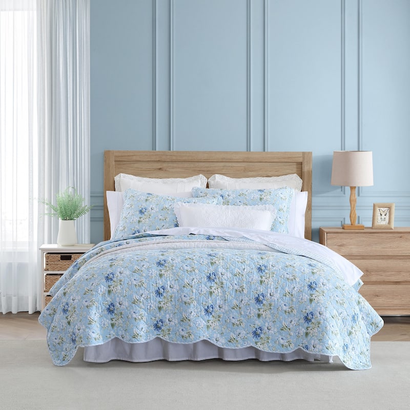 Laura Ashley Peony Garden Cotton Reversible Blue Quilt Set