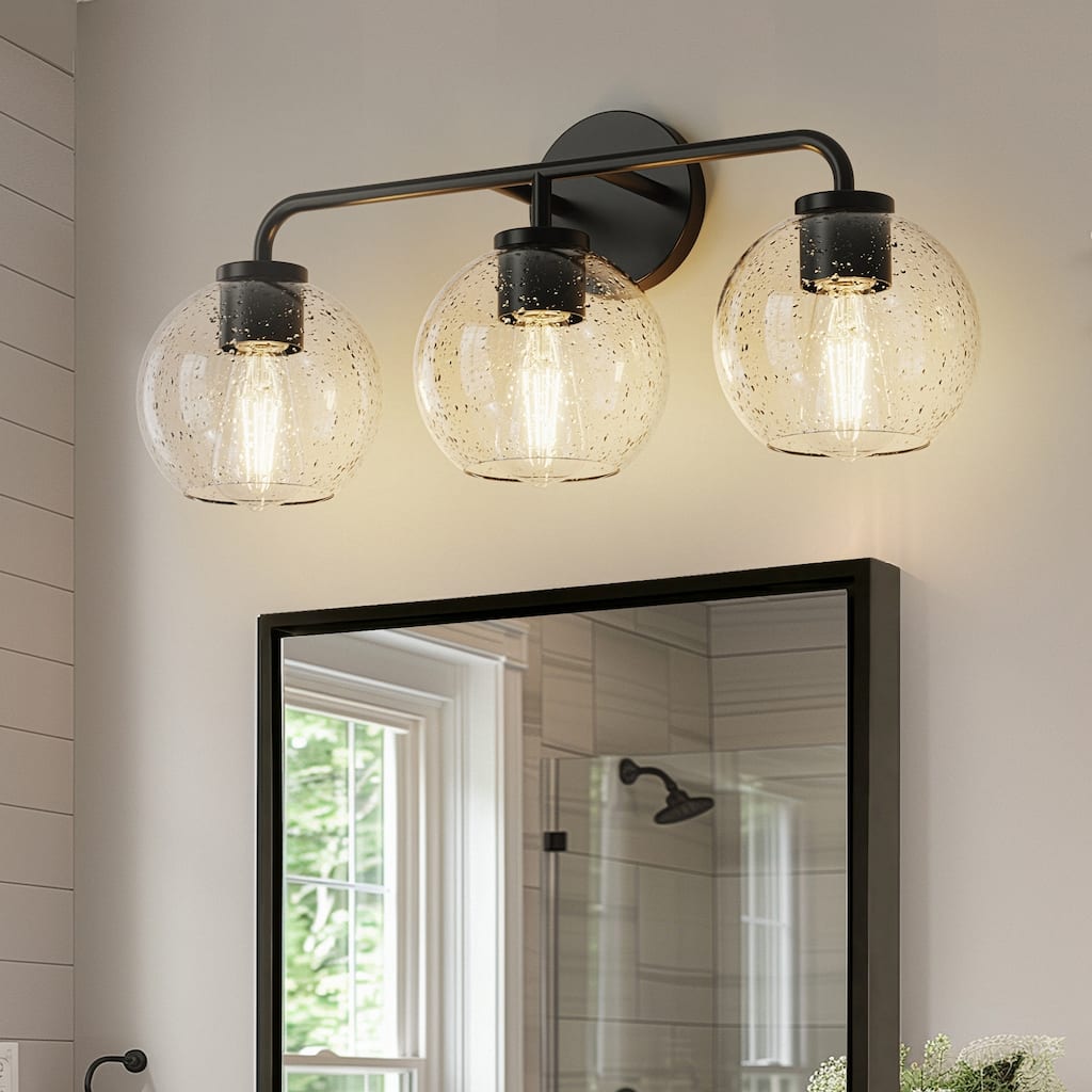 YANSUN 3-Light Black Vanity Light with Bubble Glass Globe Shades, ,Modern E26 Wall Sconce for Bathroom and Hallway Lighting