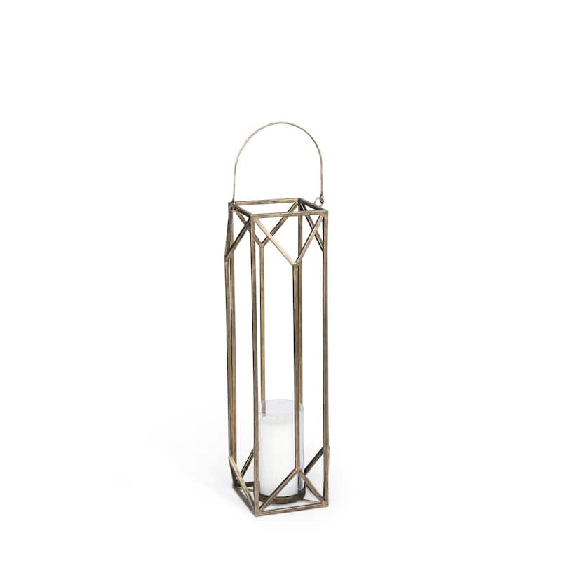 30" Gold Distressed Geometric Metal Tabletop Lantern Candle Holder