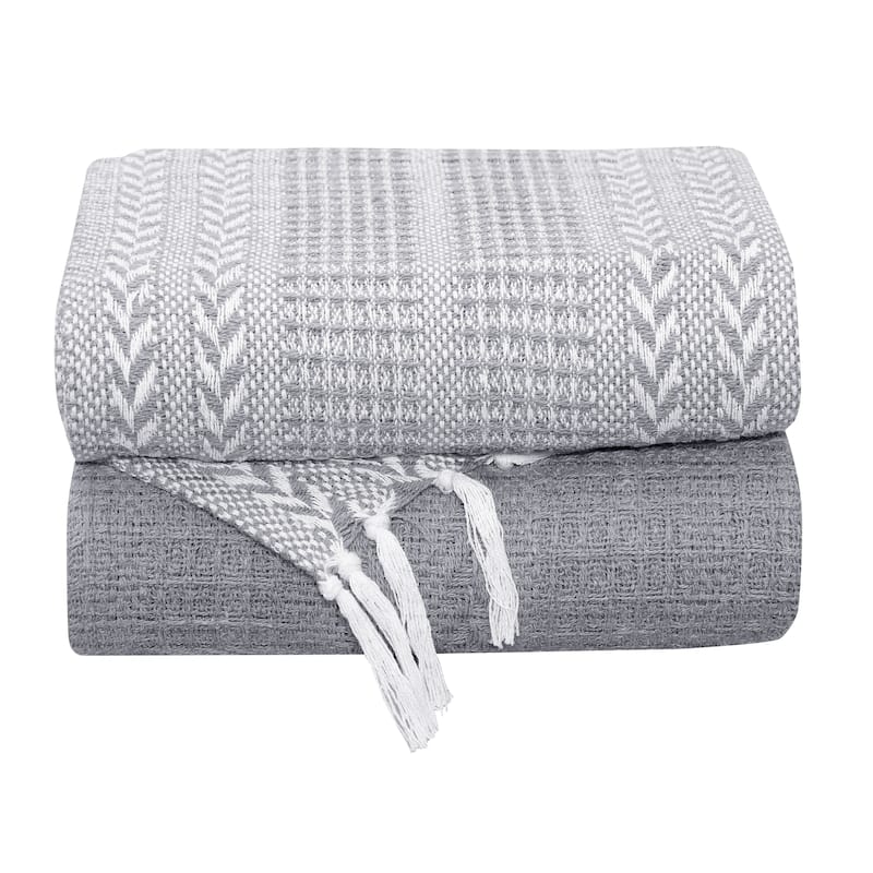 Handwoven Luxurious Cotton Sofa Couch Bed Throw Blankets All Season - Set of 2 (50''x60'') - Batik Grey