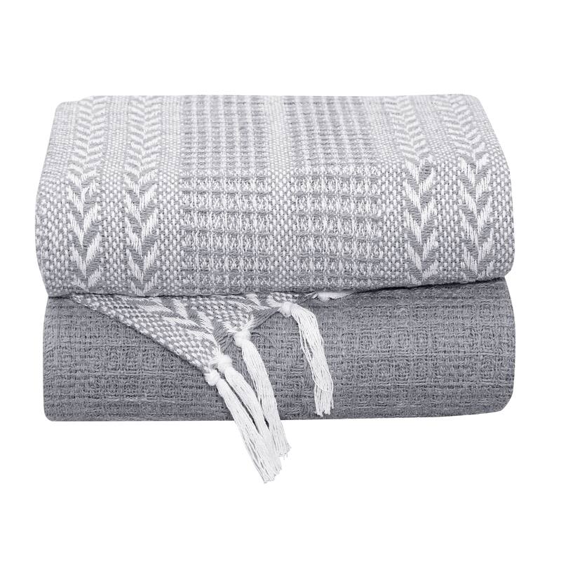 Natural Cotton Hand Woven Soft Cozy Warm Lightweight Batik Throw Blankets for Couch | Sofa | Bed | 50’’x60’’ Inches (Set of 2) - Grey