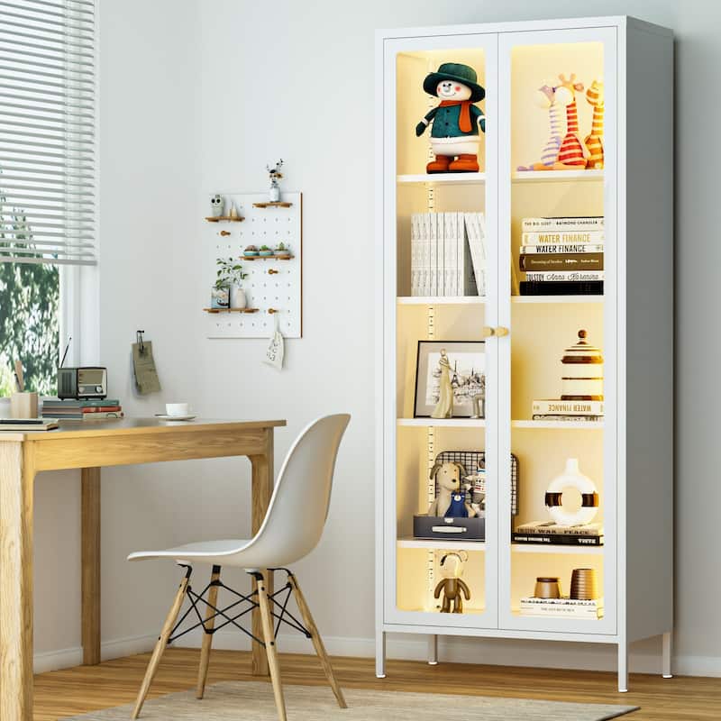 4/5-Tier Glass Curio Display Cabinet with Doors & Adjustable Storage Shelves