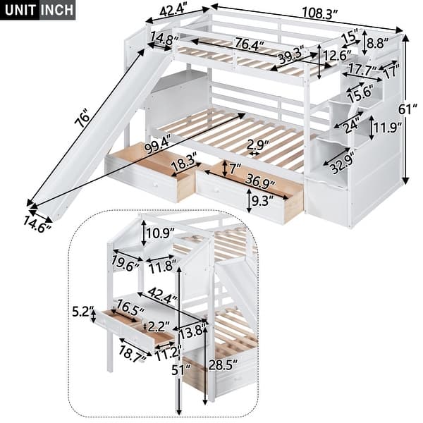 dimension image slide 1 of 2, All-in-one Twin over Twin Bunk Bed with Slide, Storage Staircase, Side Desk with Drawers and Shelves, Storage Drawers Underneath