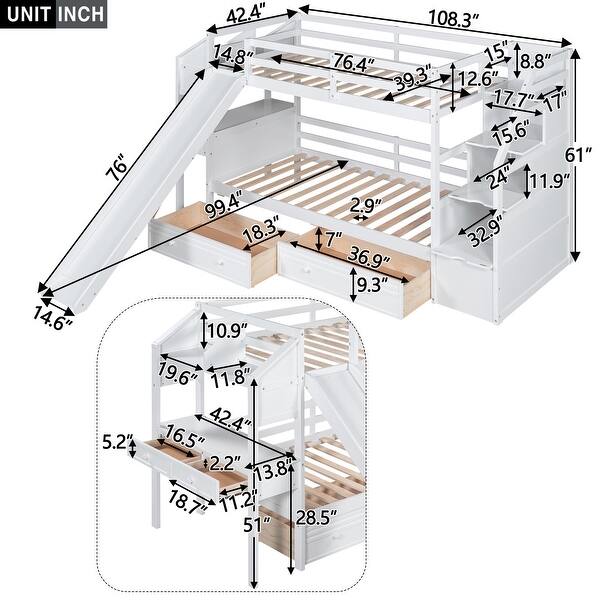 dimension image slide 1 of 2, Twin Over Twin Bunk Bed with Desk, Drawers, Storage Staircase, Slide