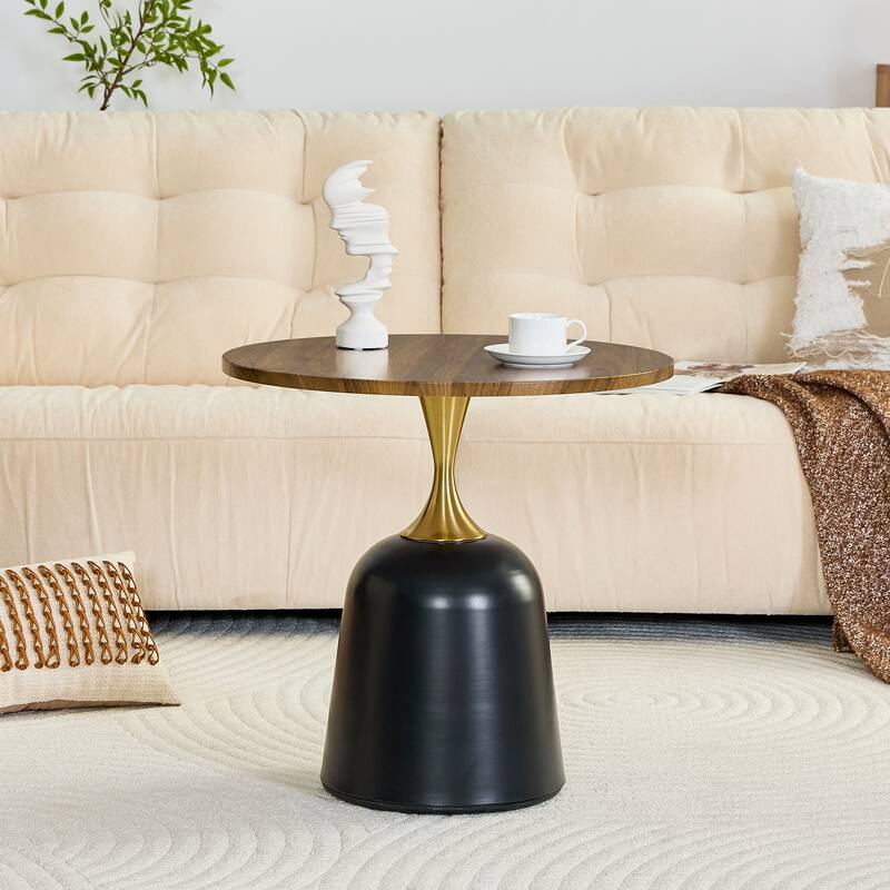 Small Circular Side Table Coffee Table, Metal Base Living Room Table, Walnut Wood Grain Minimalist Modern Decoration
