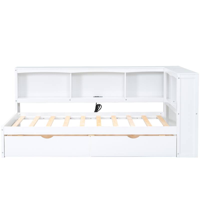Twin Size Daybed with Storage Drawers, Cabinets and USB Charging Ports in White