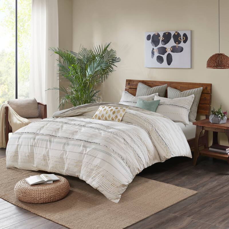 INK+IVY Nea Cotton Printed Duvet Cover Set with Trims