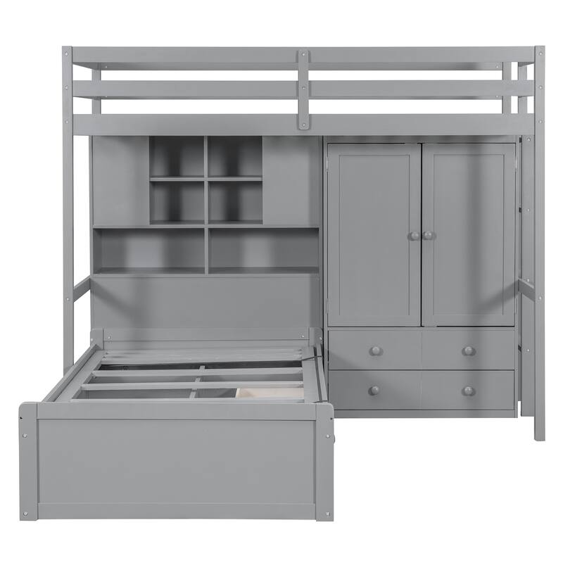 Twin Bunk Bed with Drawers, Wardrobe, Storage Shelves, and Hydraulic Lift, Gray