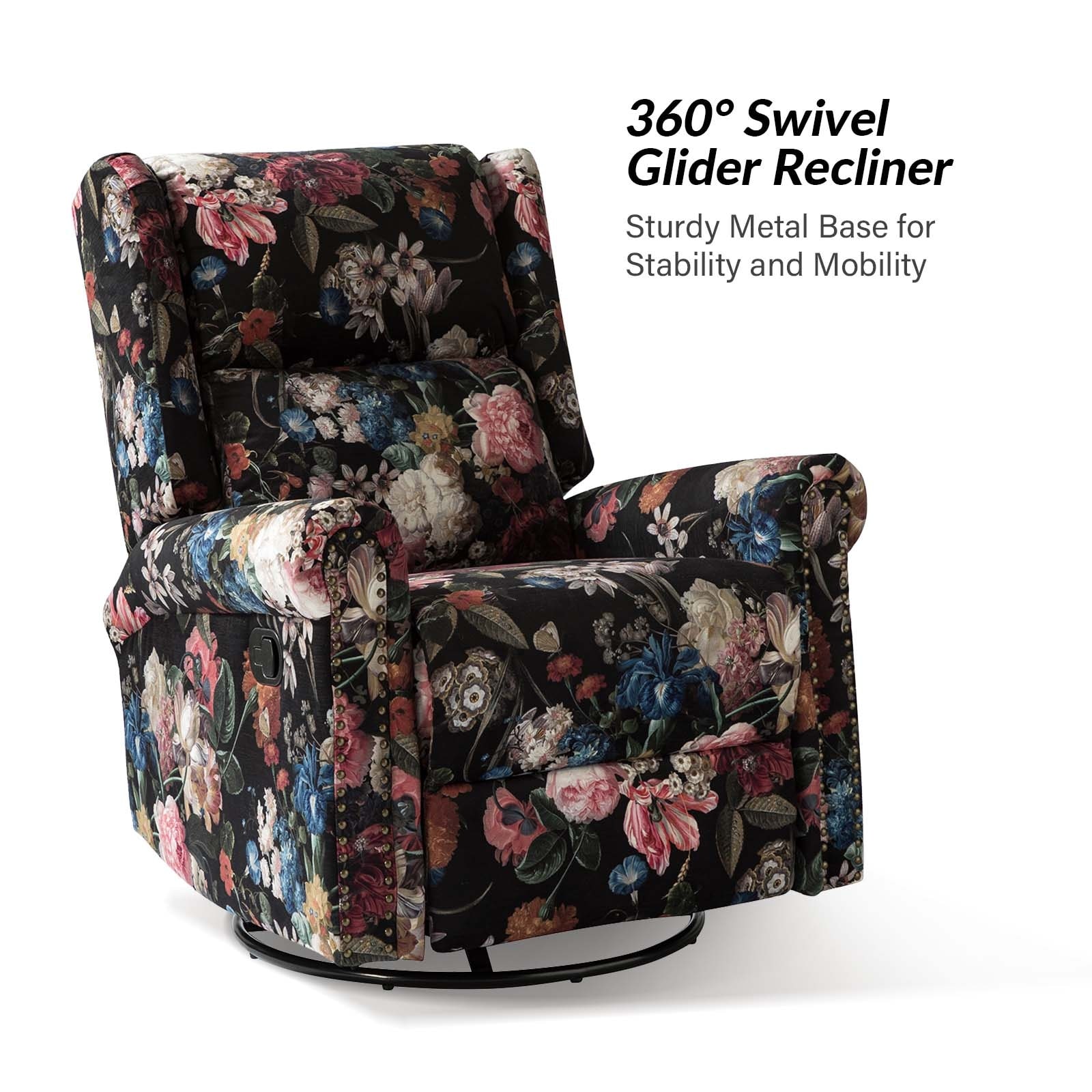 Leopold Transitional Floral Print Manual Swivel Rocking Recliner with Nailhead Trims by HULALA HOME