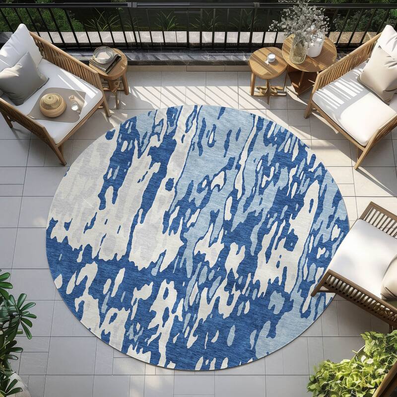 Machine Washable Indoor/ Outdoor Abstract Contemporary Chantille Rug - Navy - 8' x 8'