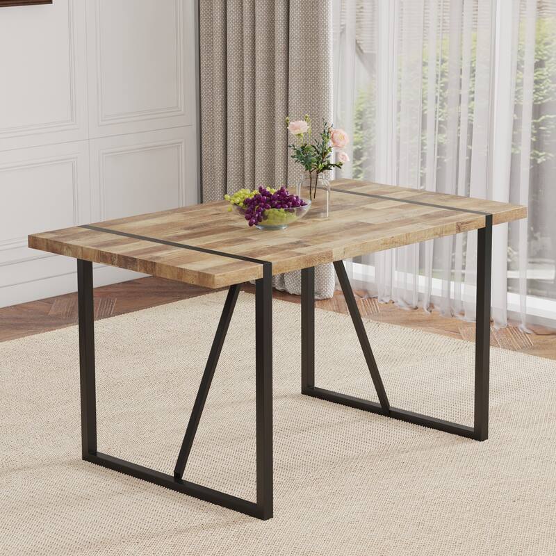 Modern Dining Table with Wood Textured Tabletop Unique Spliced Pattern Office Table with Anti-Slip Feet