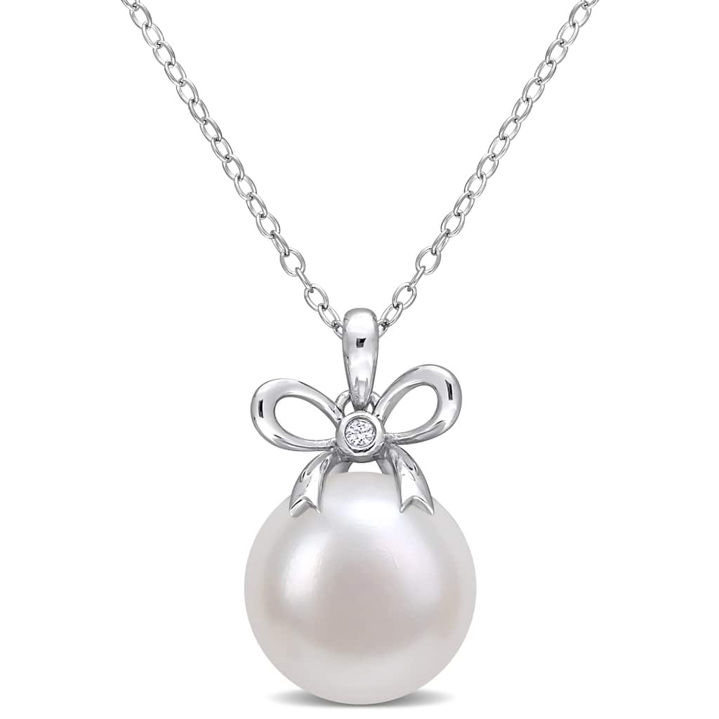 Miadora Sterling Silver Cultured Freshwater Pearl & Created White Sapphire Bow Necklace (12-12.5mm)