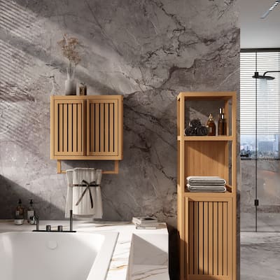 Bamboo Storage Wall Cabinet, Wall Shelf Cabinet, Toilet Storage Box, Wall-Mounted Cabinet with Towel Rack, Hanging Cabinet