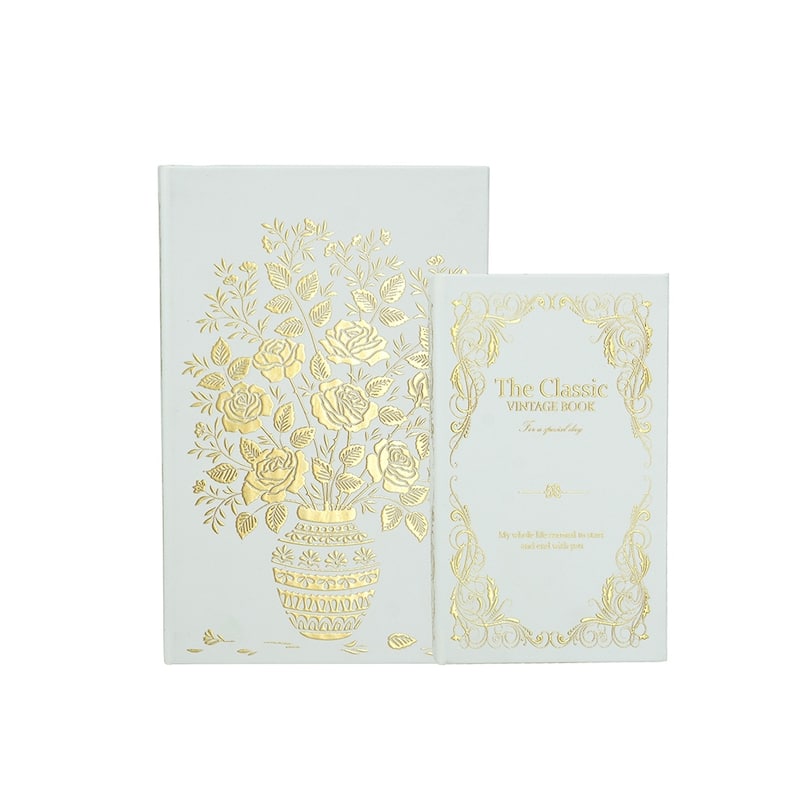 Anmytek Set of 2 Decorative Book Boxes with White and Gold Floral Motifs and Text