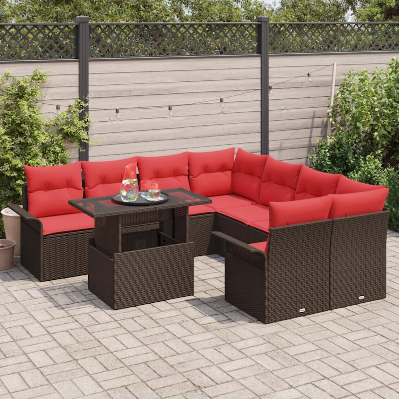 vidaXL 9 Garden Sofa Set with Cushions Black/Brown/Grey Poly Rattan - 95.5 x 92.1 x 27.2