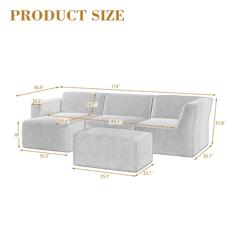 Modern Corduroy L-Shaped Foam Sectional Sofa with Chaise Lounge- Vacuum Packed, Tool-Free Setup