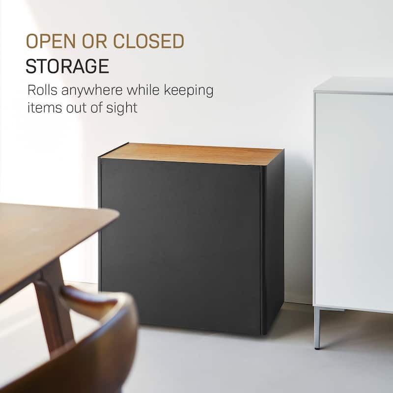 Yamazaki Home Mobile Hideaway Storage Cart, Steel and Wood, Wheels - L 13.9 x W 23.74 x H 23.23 inches