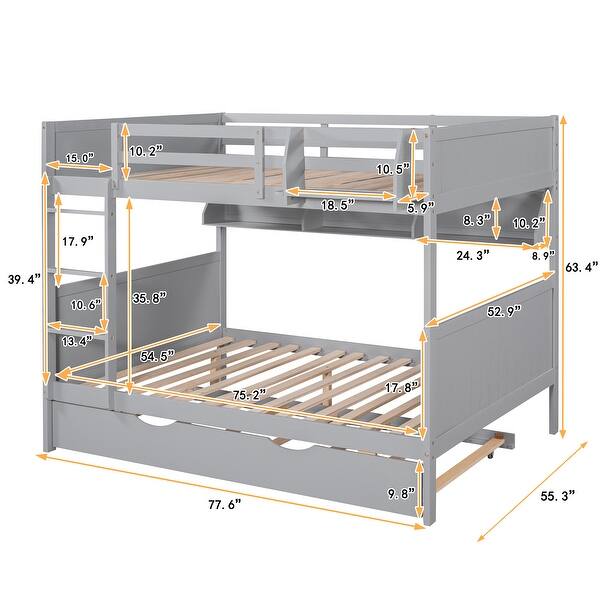 dimension image slide 2 of 3, Full Over Full Bunk Bed with Twin Trundle and Bookshelf, Solid Pine Wood Frame, Separable Design, for Kids and Teens