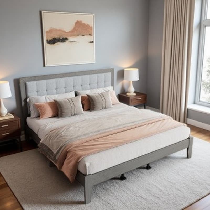 King Solid Wood Platform Bed with Tufted Upholstered Headboard, Mid-Century Modern Frame & Noise-Free Slat Support