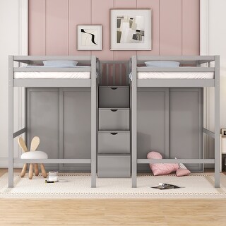 Double Twin Loft Beds with Wardrobes and Staircase, Grey - Sturdy & Fun
