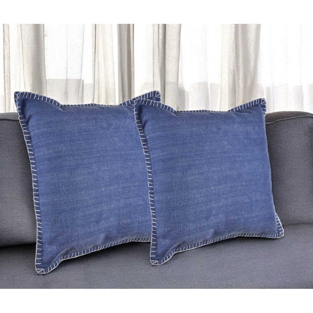 Set of Two Blue Cotton Throw Pillow