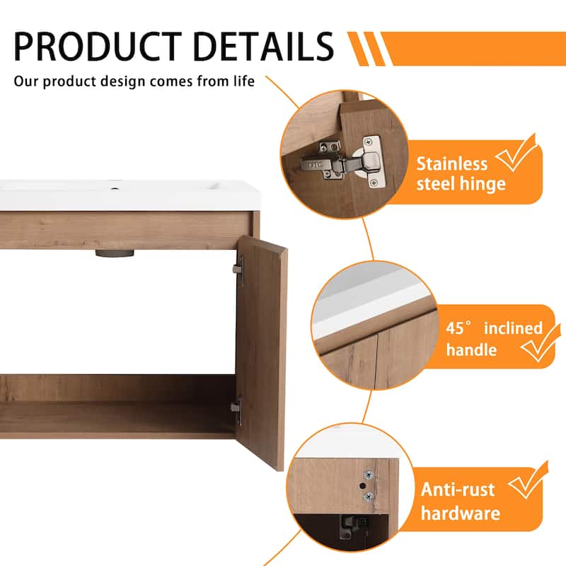Bathroom Vanity With Sink In 24/36/48 Inch, Floating Bathroom Vanity With Soft Close Door