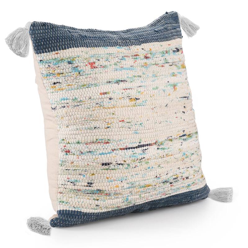 Handwoven Abstract Square Cotton Throw Pillow Cover - 20" - Cream and Stone Blue