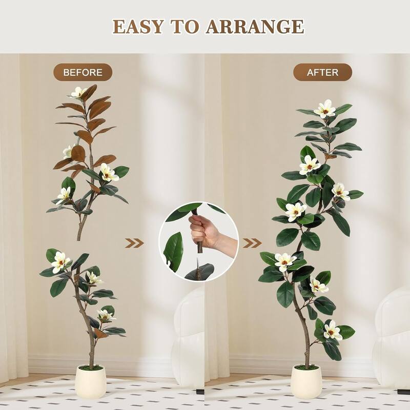 Artificial Faux Rubber Tree with Magnolia Flowers for Home Decor
