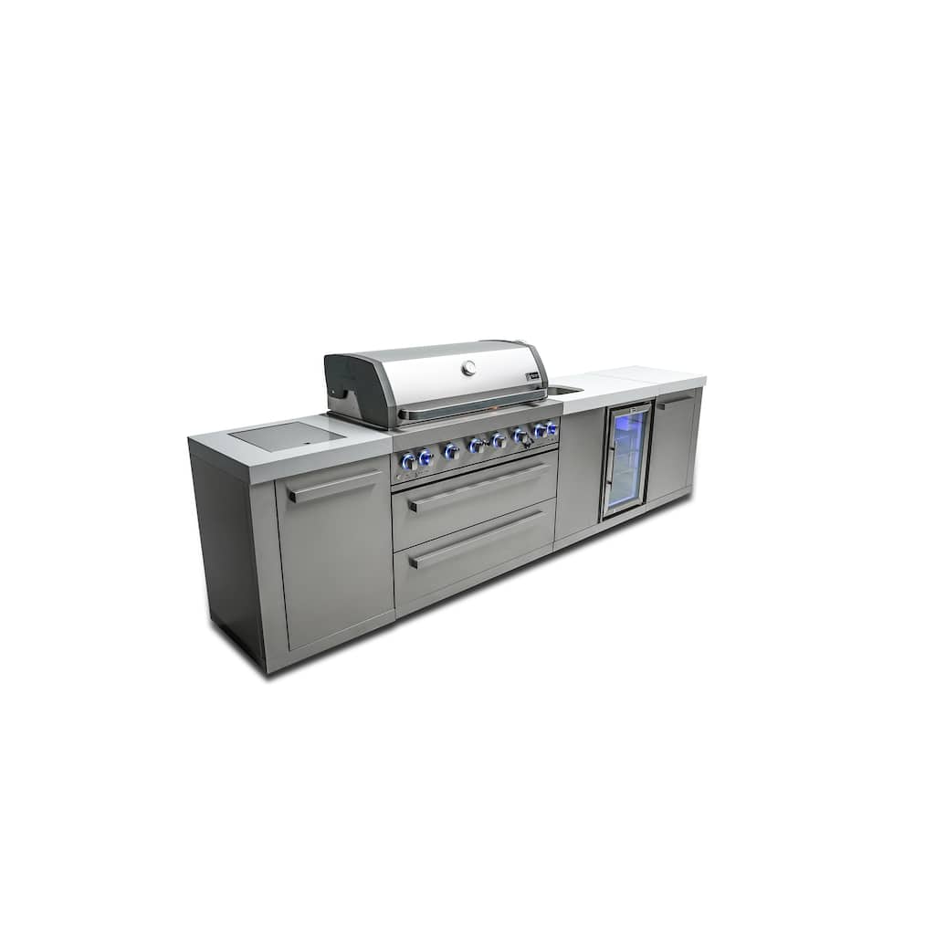 Mont Alpi 132"W x 23"D Stainless Steel Premium Outdoor Kitchen Island with Refrigerator Faucet & Sink + 44"W 6-Burner BBQ Grill