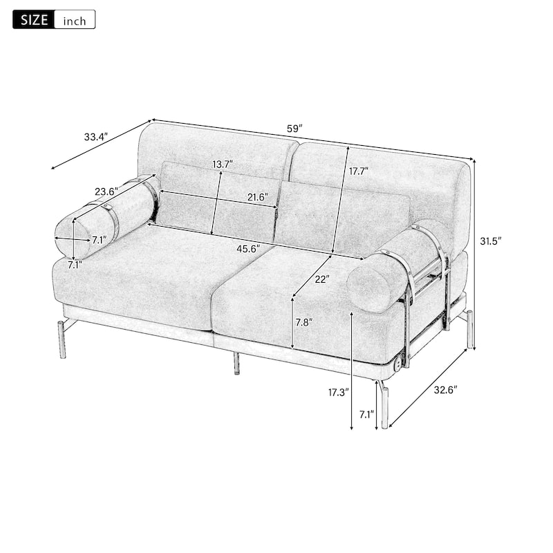 Modern Loveseat Sofa 59" Sofa Couch 2-Seater Sofa With Flexible Usb Ports , Unique Cylindrical Armrests