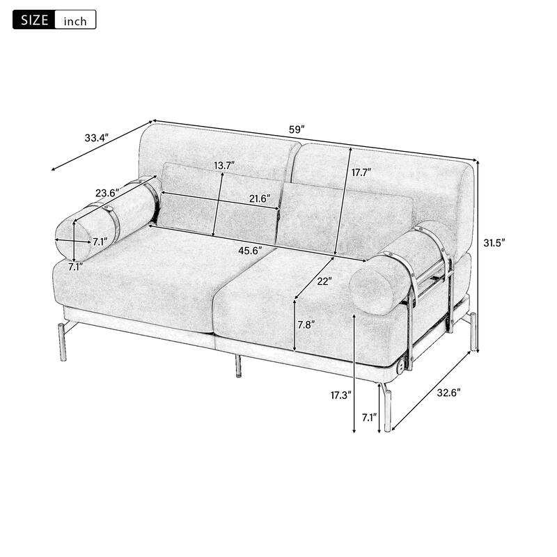 Roomfitters Loveseat Sofa with USB Ports and Cylindrical Armrests, 2-Seater Couch for Living Room