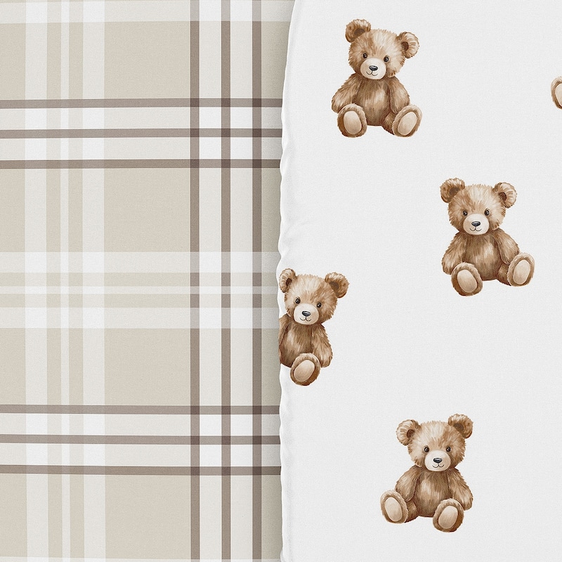 Sweet Jojo Designs Boho Teddy Bear Boy, Girl, Gender Neutral 2 Pack Baby Bassinet Fitted Sheets Taupe Plaid & Watercolor Classic