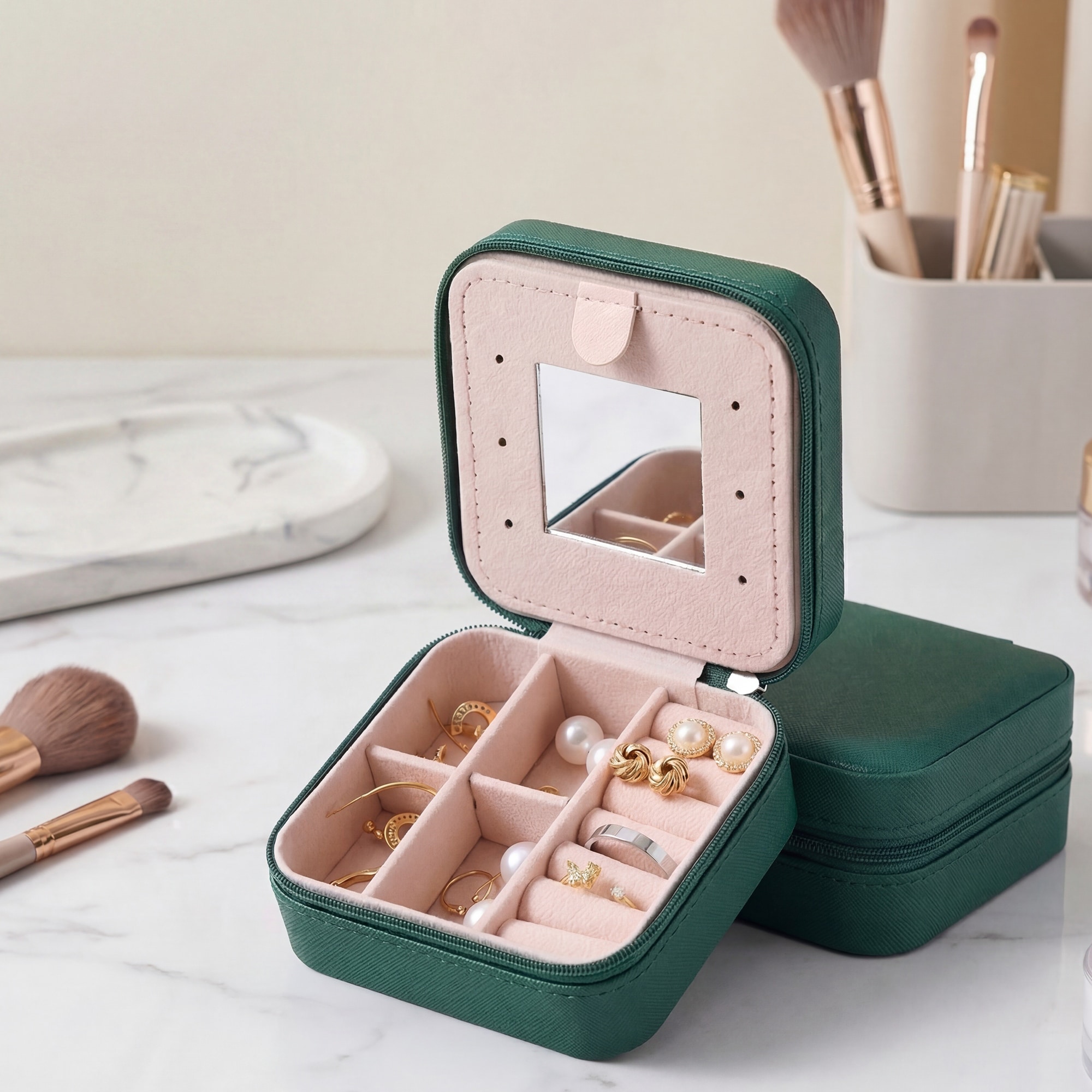 Travel Jewelry Box with Mirror, Small Portable PU Leather Organizer