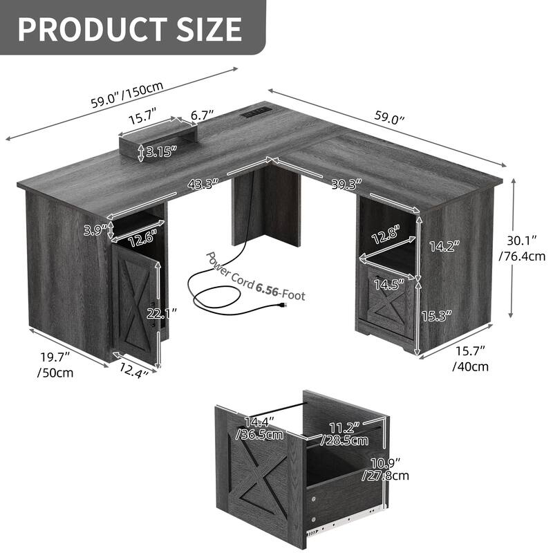 Moasis 59-inch Computer L-shaped Desk with Monitor Stand and Cabinet, Executive Desk w/Power Outlets