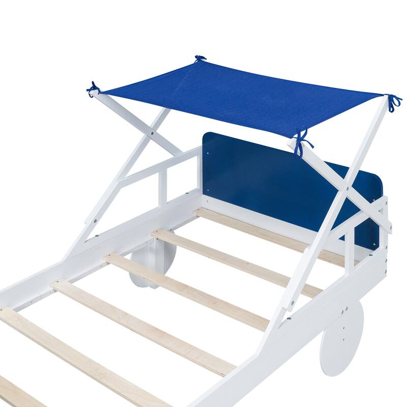 White+Blue Playful Twin Size Car Platform Bed with Ceiling Cloth ...