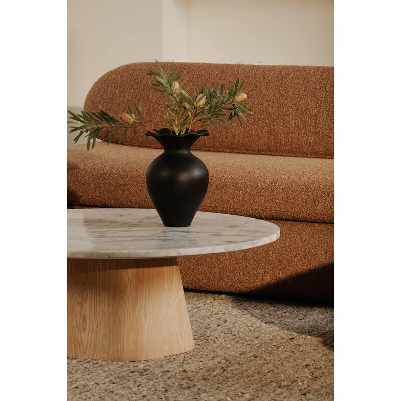 NADAAL STUDIOS Eden Coffee Table, Round Raj Grey Marble Top with Oak Veneer Base, Contemporary Design, White