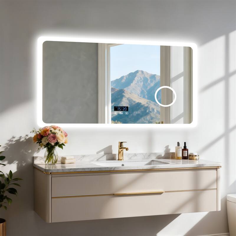 Bluetooth LED Bathroom Vanity Wall Mounted Mirror Double Speakers, 3X Magnifier, Backlit Mirror