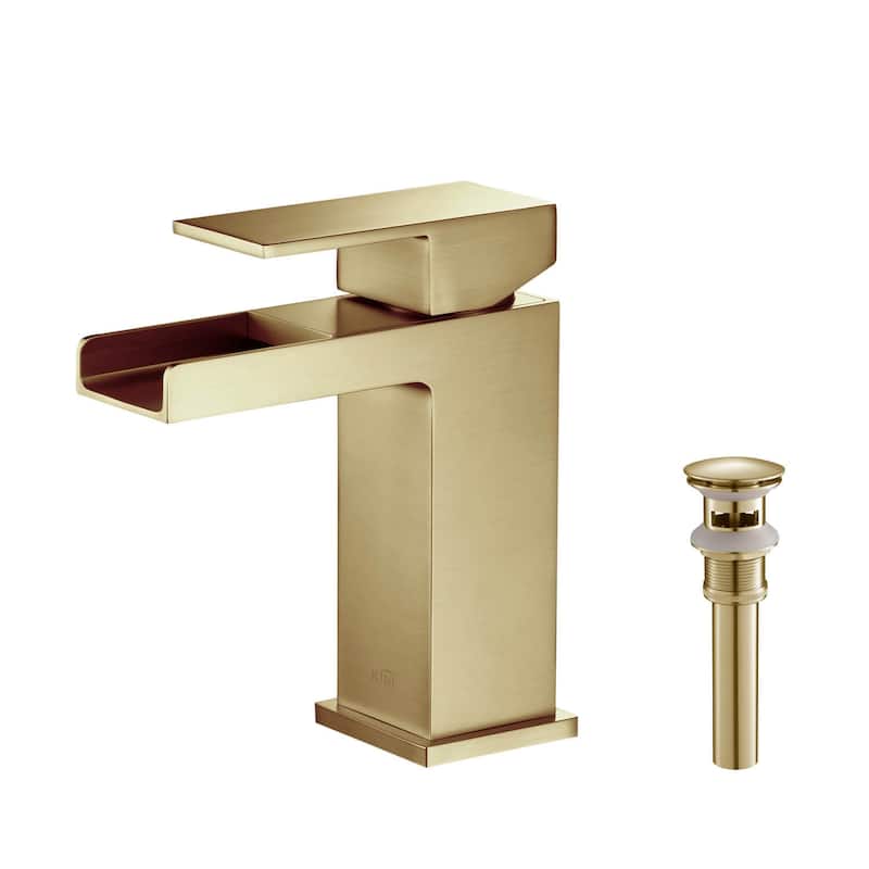 Waterfall Solid Brass Single Handle Sink Faucet - Brushed Gold W/ Pop Up Drain