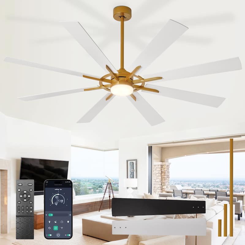 Modern 72 Inch 8 Blade Outdoor large Ceiling Fans with Lights: Dimmable Indoor Reversible 6 Speed Quiet DC Motor - 72in - Yellow