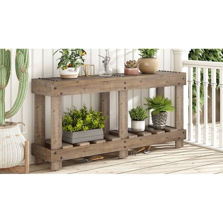 62.9" Vintage Entryway Table - Solid Cedar Wood with Natural Grain, 6 Reinforced Legs & 4.5" Thick Desktop