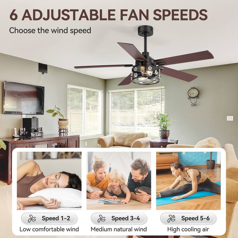 52" Reversible 5-Blade Farmhouse Glam Floral Glass Caged Ceiling Fan with Light and Remote
