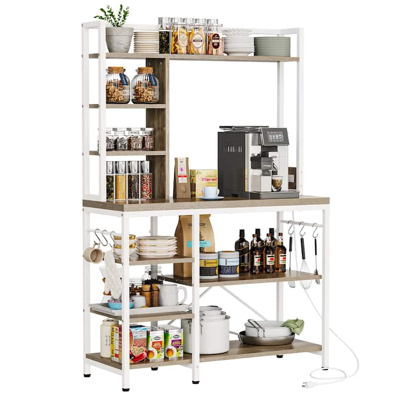Moasis Kitchen Bakers Rack Utility Storage Shelf with Power Outlets Microwave Oven Stand - Brown/White