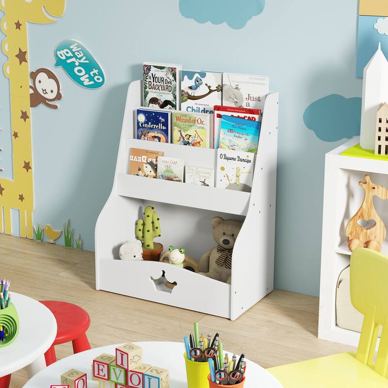 Gymax Kids Bookshelf 4-Tier Wooden Bookcase Toy Storage Organizer