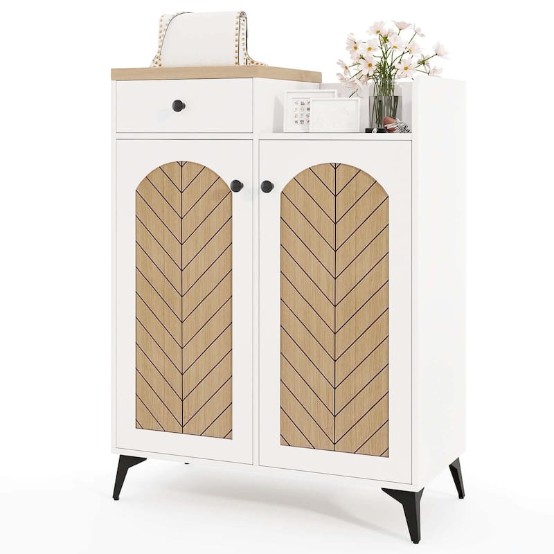 Costway 6-Tier Shoe Cabinet with Drawer 6 Removable Shelves - See Details - White & Natural - See Details