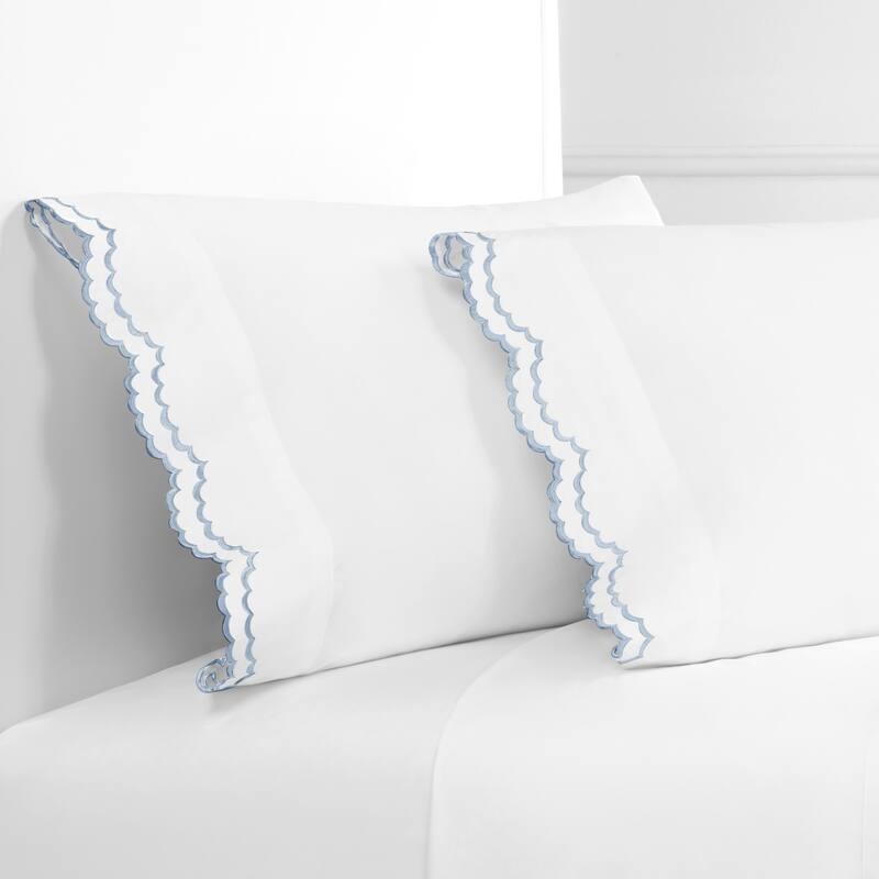 Percale Double Scalloped Embroidered Pillowcase and Sham Cover Set - Blue - Standard