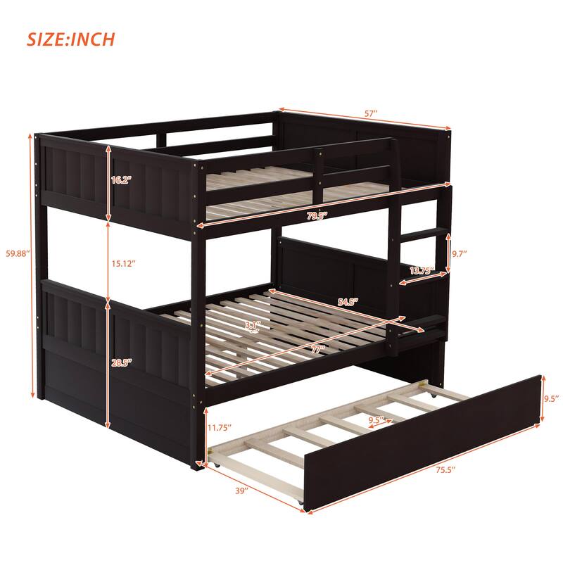 Full Over Full Bunk Bed with Twin Trundle, Espresso Finish, Convertible Design