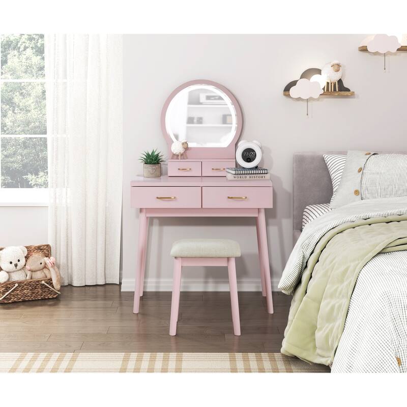 Beautiful Pink Finish Vanity Dresser with Mirror and Stool Set Storage Drawers Bedroom Furniture 1pc