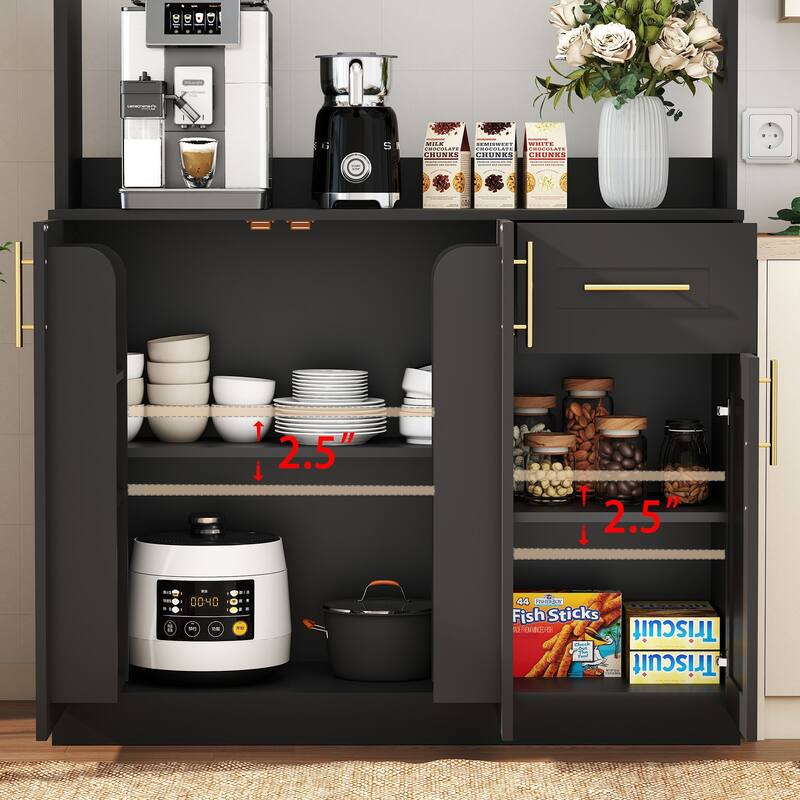 71'' Kitchen Pantry Cabinet with Hutch, Drawer & LED Light, Microwave Stand with Power Outlet for Dining Room or Kitchen