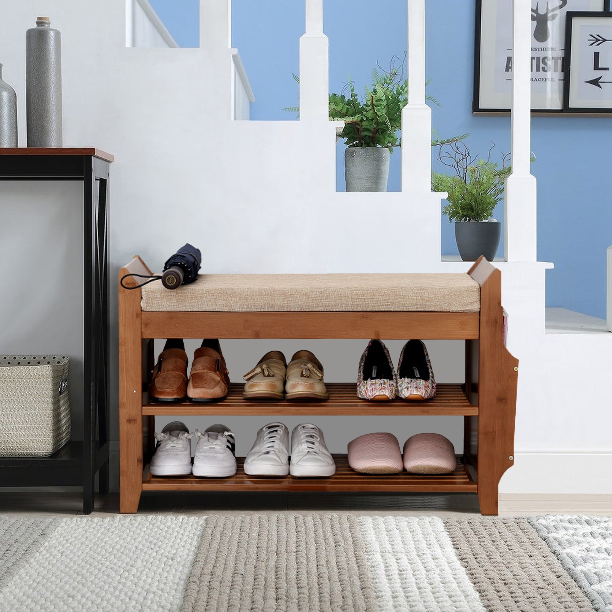 Bamboo Shoe Rack Bench with 2 Tier Entryway Storage Organizer